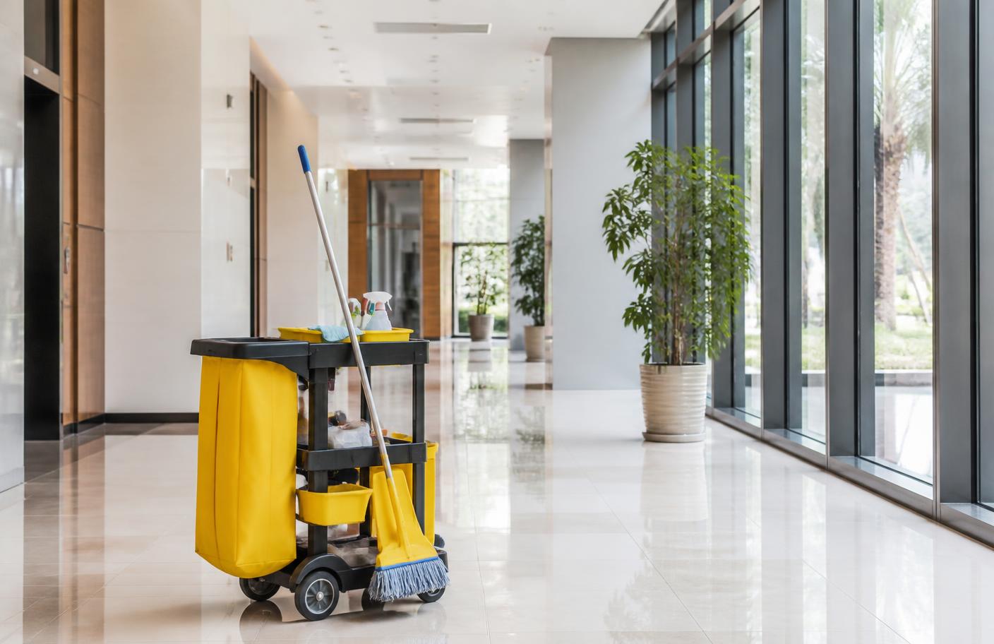 Janitorial equipment in a clean lobby